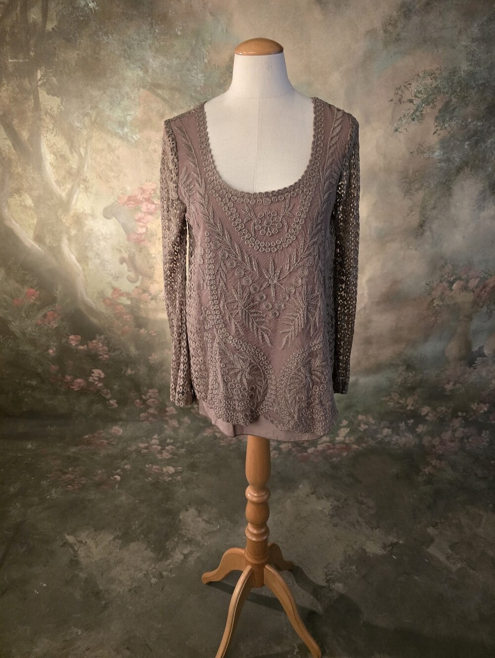Venus Layered Floral Lace Tan Long Sleeve Top XS